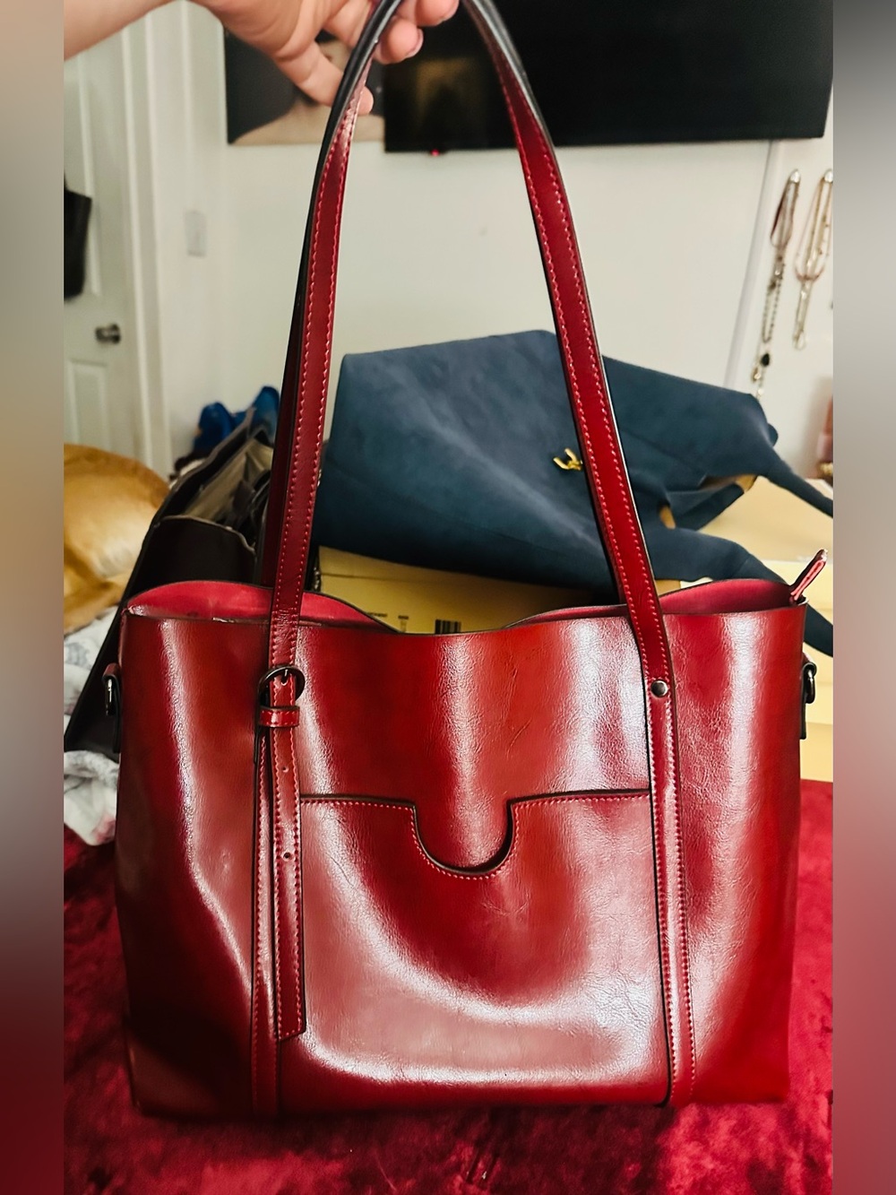 ✨ Pristine S-ZONE Genuine Leather Daily Work Tote — Wine Red ✨